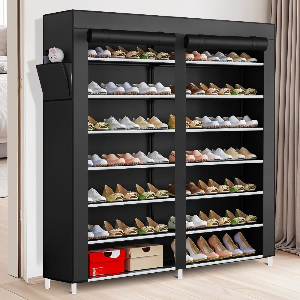 Shoe Rack Organizer 9 Tier Double Row Large Capacity Holds 42 Pairs Nonwoven Fabric Dust Cover Portable Shoe Cabinet Space Saving Easy Assembly for Home Bedroom Closet Dormitory Black