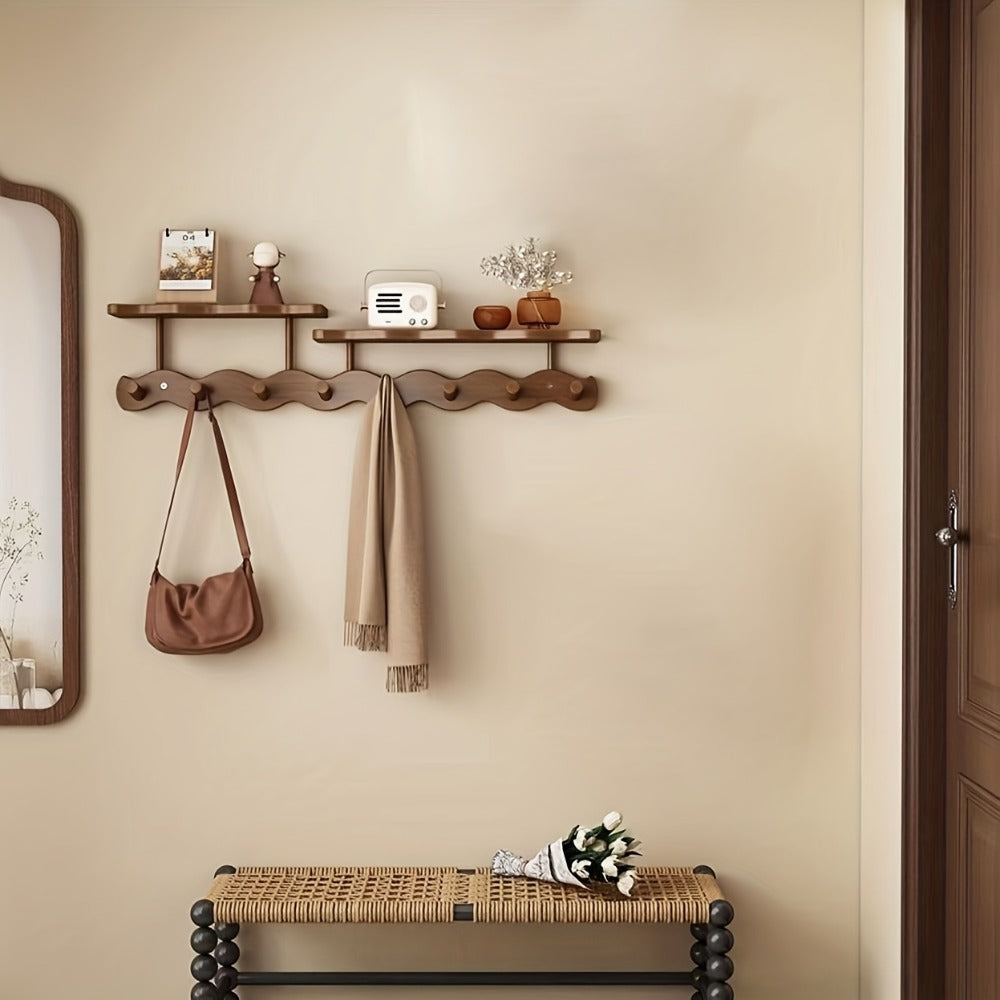 Bamboo Wall Mounted Coat Rack with 8 Hooks, Entryway Coat Hook Rack with Storage Shelf, Space Saving Hallway Organizer for Coats Hats Bags Keys, Modern Wooden Wall Hanger for Bedroom Entrance Living Room