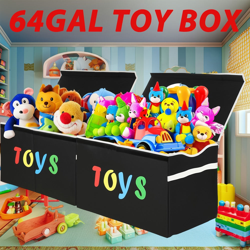 Collapsible Storage Box with Lid & Adjustable Dividers | Large Toy Chest Bin 54x16x14 Inch | Foldable Organizer for Playroom Bedroom Nursery | Boys Girls Toy Storage Box Black Dark Grey