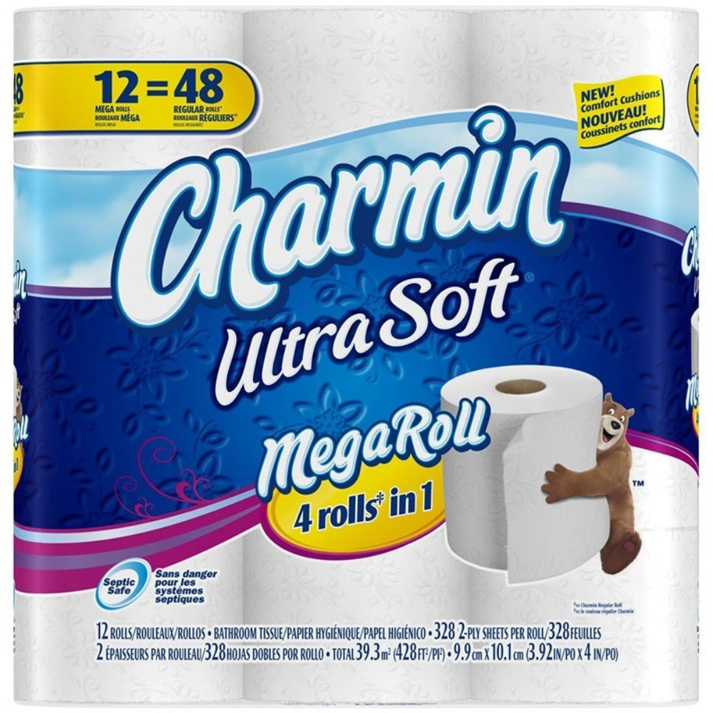 Charmin Ultra Soft Mega Roll Toilet Paper 12 Count, 2-Ply Clog-Safe Septic-Safe Unscented, 75% More Absorbent, Comfort Cushion Softness for Family Bathroom