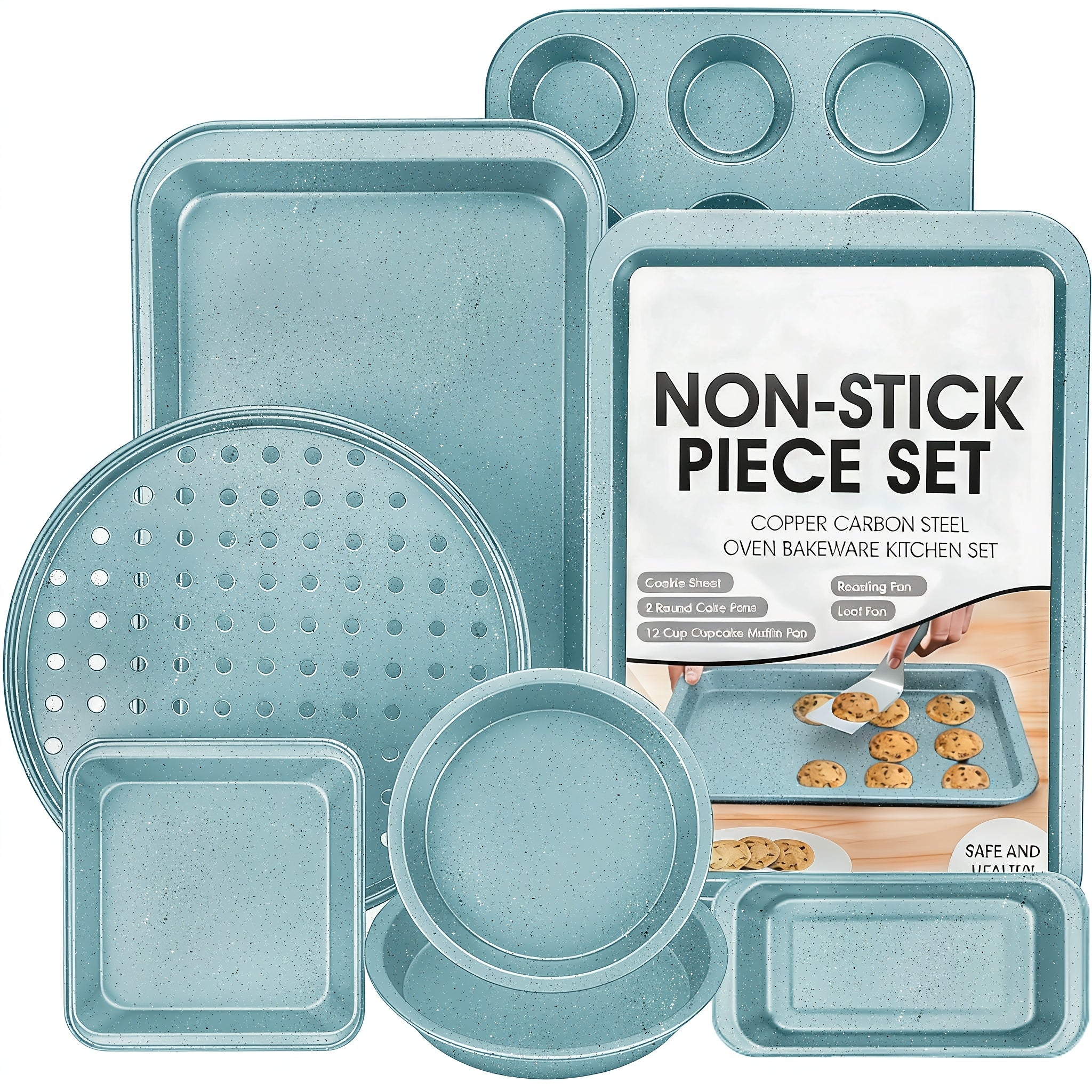 Nonstick Bakeware Pan Set, 8-Piece Carbon Steel Oven Baking Set with Cookie Sheet, 2 Round Cake Pans, Square Pan, Bread Pan, Pizza Pan & 12-Cup Muffin Pan, Complete Kitchen Baking Supplies