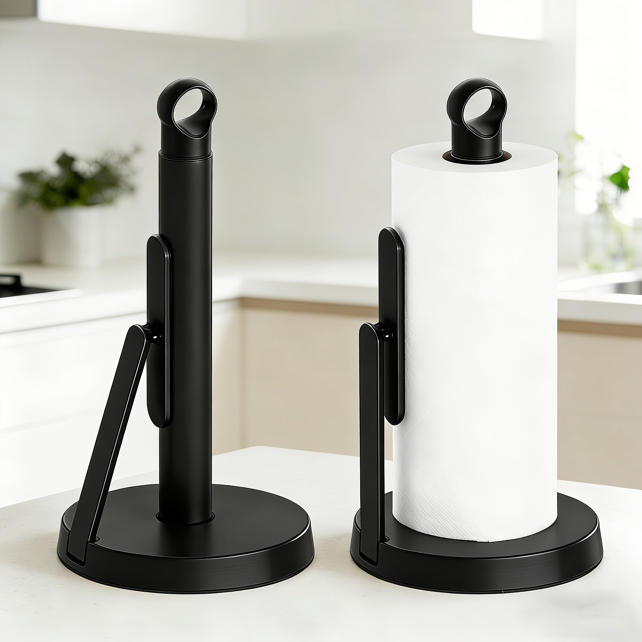 Paper Towel Holder Countertop - Stainless Steel Standing Dispenser with Tension Arm for One-Handed Tear, Modern Kitchen Roll Holder in Silver White Gold Black