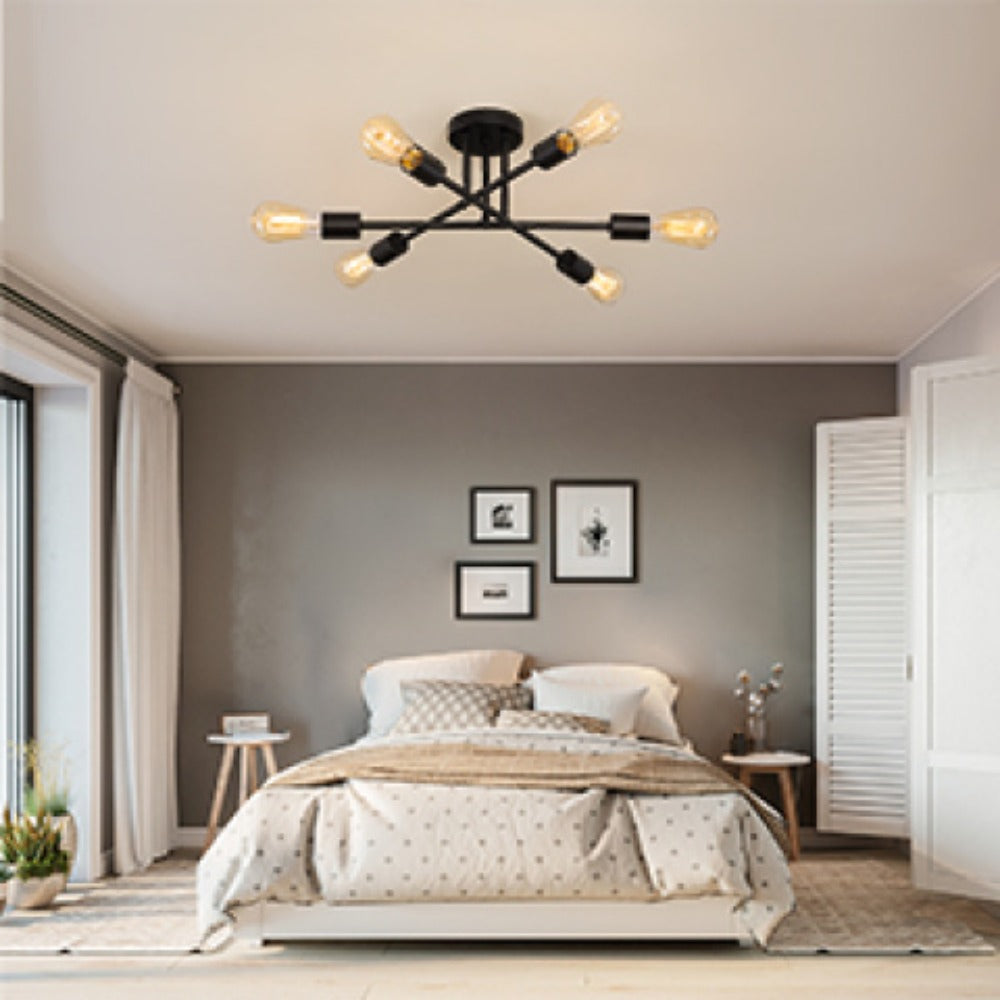 Sputnik Chandelier 6-Light Black Industrial Ceiling Light Fixture Semi Flush Mount for Bedroom Dining Room Living Room Kitchen