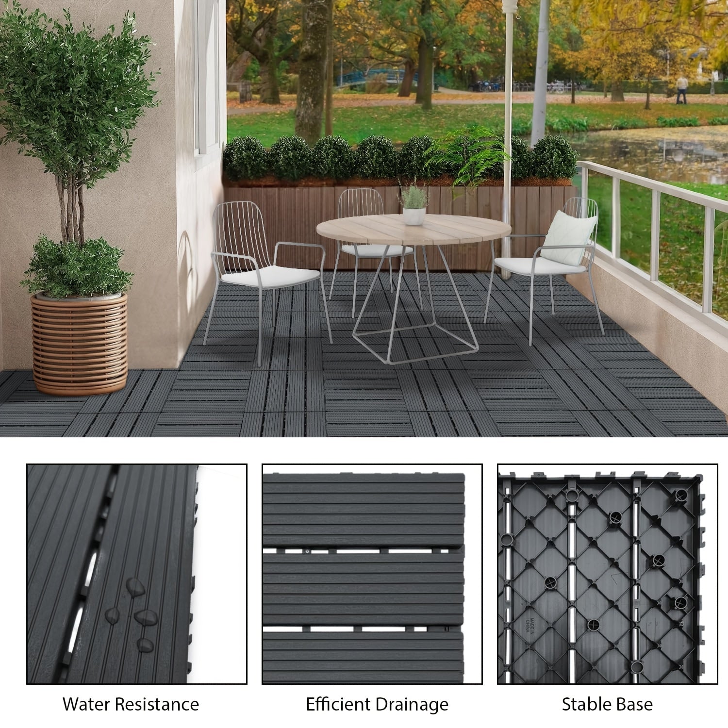 Interlocking Deck Tiles 44pcs 12¡±x12¡±, Waterproof Outdoor Patio Flooring Tiles, PP Plastic Interlocking Floor Tiles for Balcony Pool Backyard Terrace, Easy Install All-Weather Anti-Slip Deck Tiles Grey