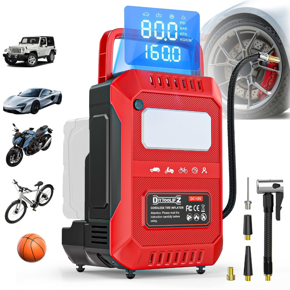 Cordless Tire Inflator 160PSI Portable Air Compressor Compatible with DeWalt 20V / 18V Battery ¨C Digital Pressure Gauge, Fast Inflation for Cars, Motorcycles, Bicycles & Sports Balls (Battery Not Included)