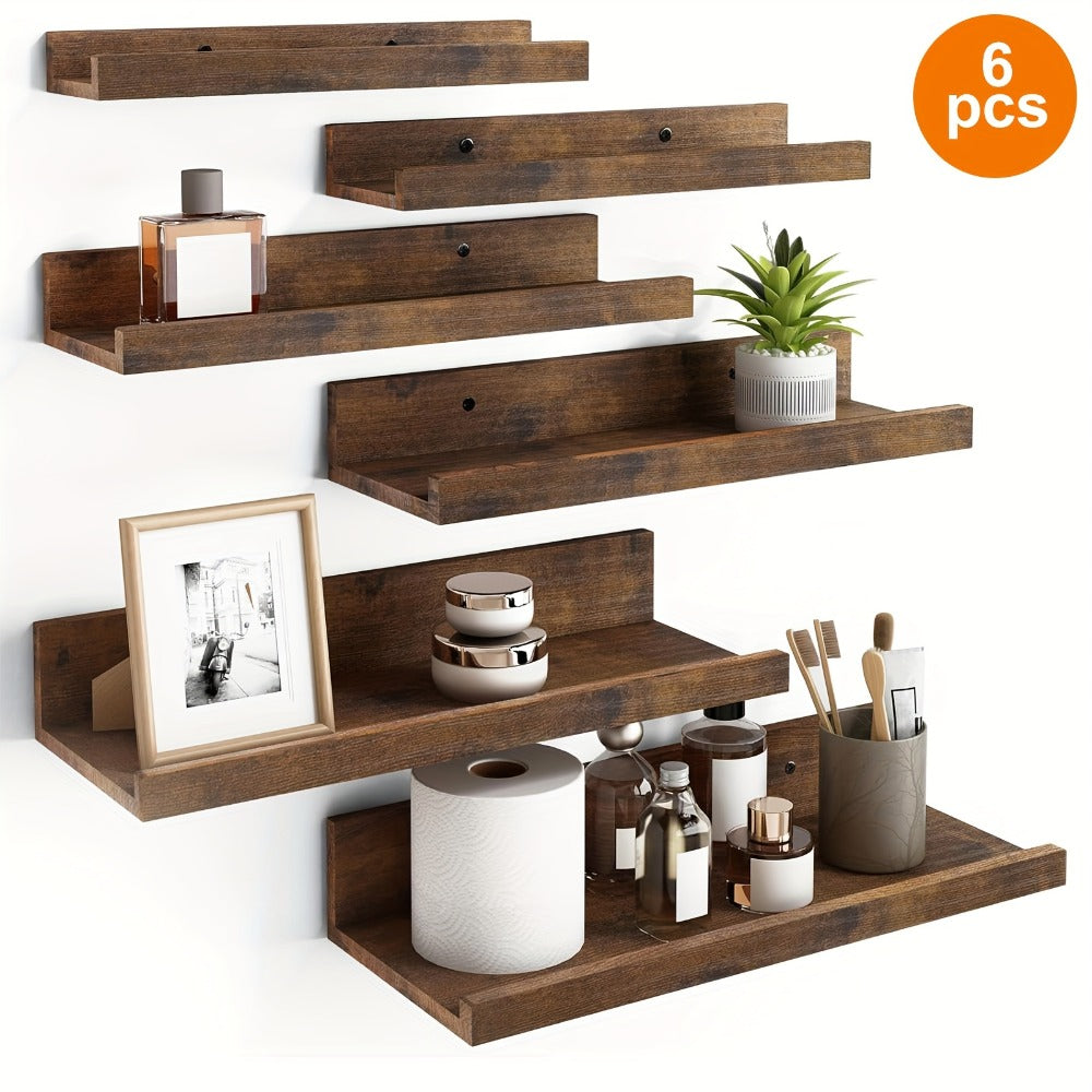 Floating Shelves 6pcs Set Wall Mounted Shelves 6 Different Sizes | Heavy Duty Shelf for Home Decor Bathroom Bedroom Living Room Space Saving Storage White Brown Black