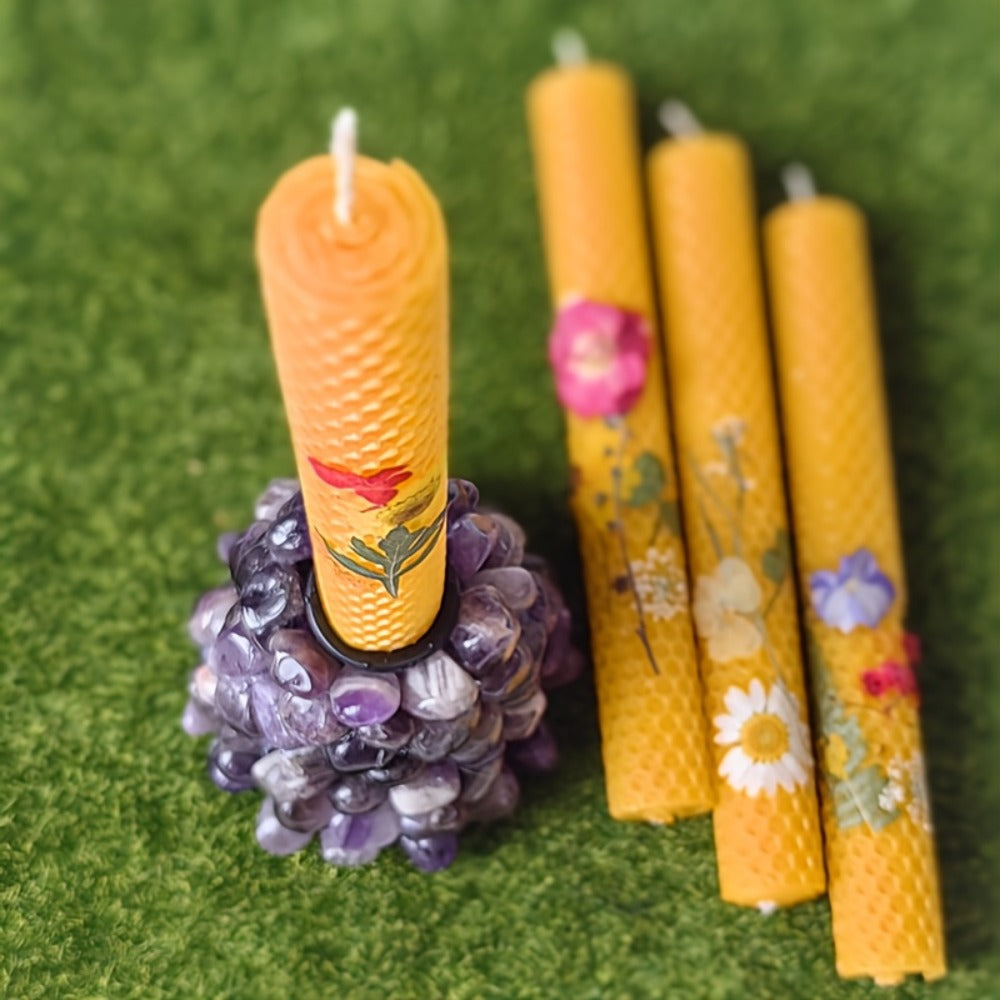 Floral Cone Candle Holders Set of 4 ¨C 10-Inch Decorative Beeswax Taper Candles for Holiday Parties, Valentine's Day & Mother's Day Gifting