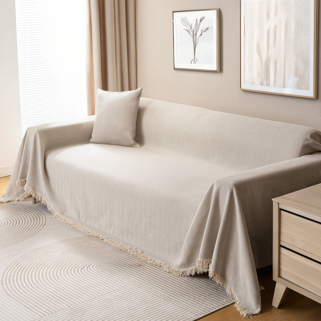 Couch Cover Throw Chenille Fringe Extra Large - Pet Friendly Scratch Proof Non-Slip Washable Polyester Sofa Protector | 3 Seat 71x102in 4 Seat 71x134in | Beige Gray Brown | Living Room Multipurpose