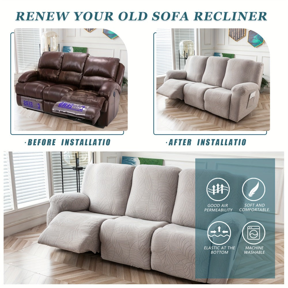 Jacquard Stretch Sofa Recliner Cover Big Leaves - High Stretch Soft Washable Slipcover for 1 2 3 Seat Loveseat with Console Furniture Protector Home Decor, 6 Colors