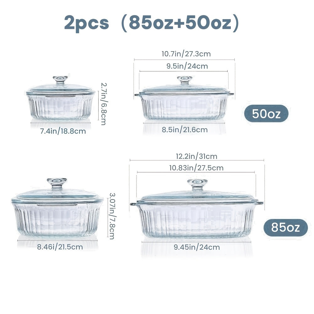 Glass Casserole Dish with Lid, Oval Ribbed Roasting Pan, Oven & Microwave Safe Covered Baking Dish, Transparent Deep Glass Cookware for Chicken Pasta Desserts, 50oz & 85oz Options
