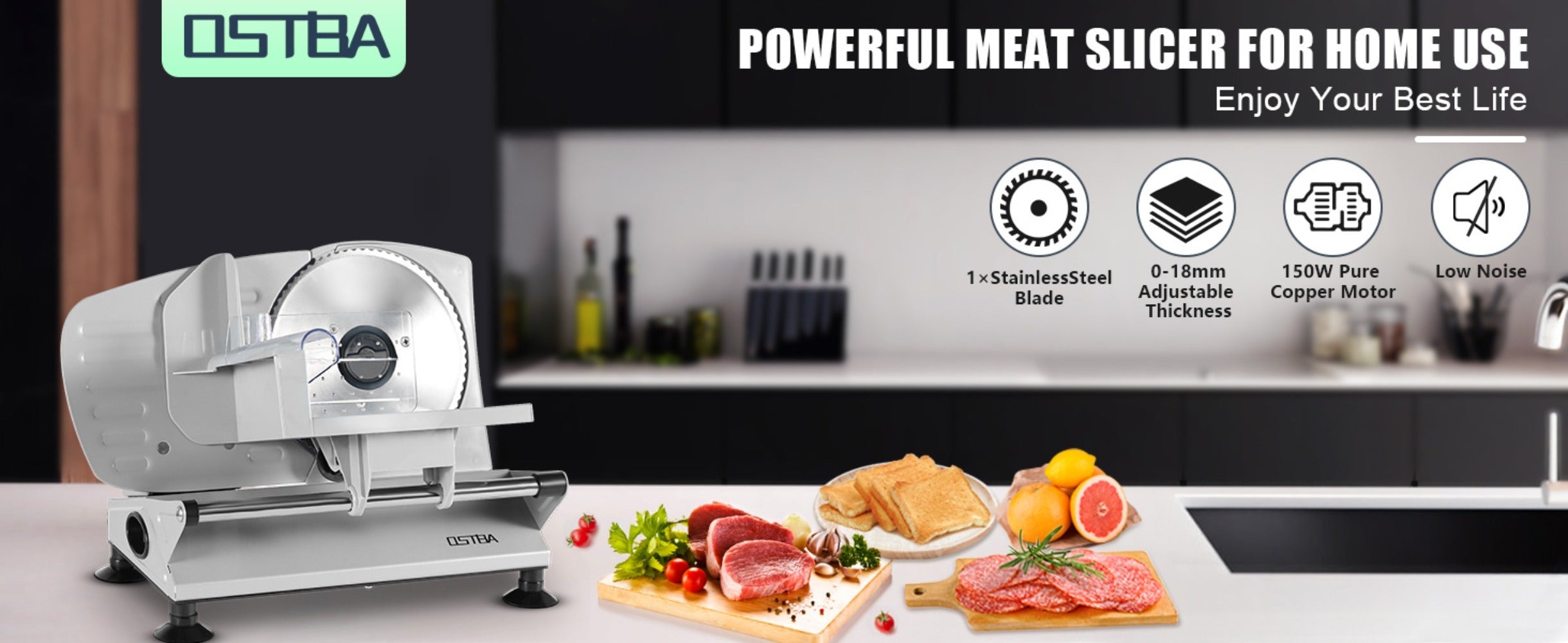 Electric Deli Food Slicer with Removable Stainless Steel Blades ¨C Adjustable Thickness Meat Slicer for Home, Easy to Clean, Slices Cold Cuts, Cheese, Bread & Fruit