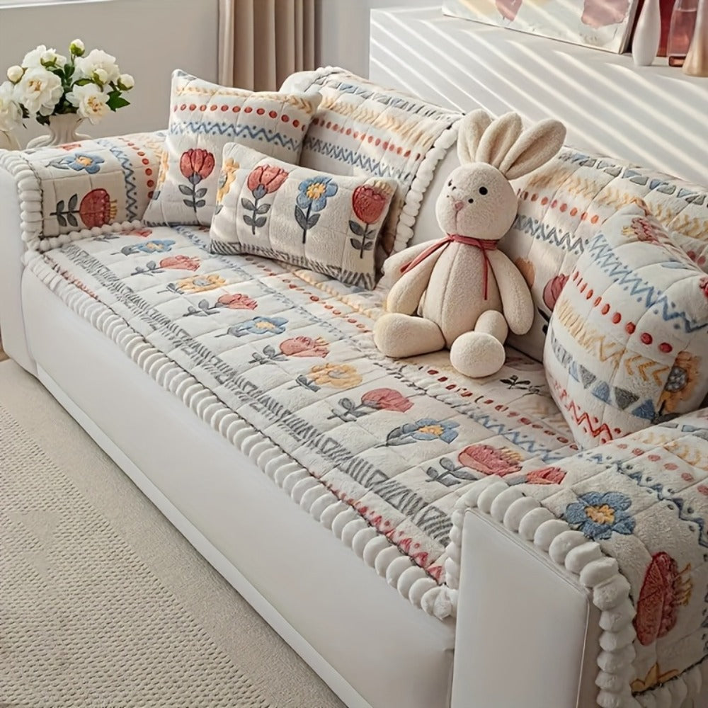 Milk Velvet Sofa Cover Bohemian Floral Print Cozy Warm Thick Machine Washable Sofa Slipcover for 2 3 4 Seater Sofa Couch Living Room - Artistic Boho Style