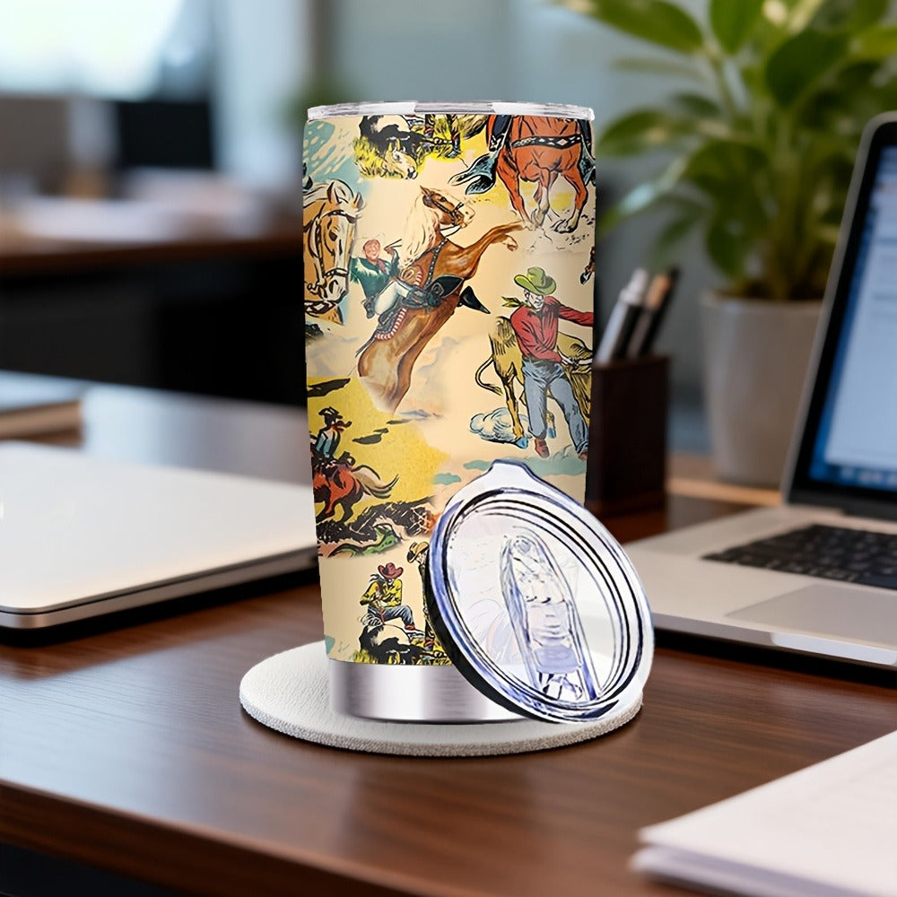 Cowboy Insulated Tumbler 20oz Stainless Steel with Lid & Straw | Western Graphic Travel Cup for Hot & Cold Drinks ¨C Camping Drinkware, Birthday & Holiday Gift for Men & Women