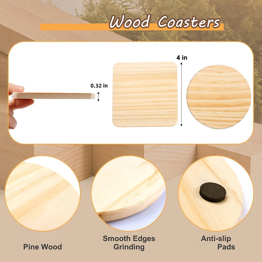 Unfinished Wood Coaster Blanks 4 Inch Round Square DIY Craft Supplies for Painting Engraving Burning with Non-Slip Felt Stickers Handmade Gift Home Decor Christmas Halloween Wedding