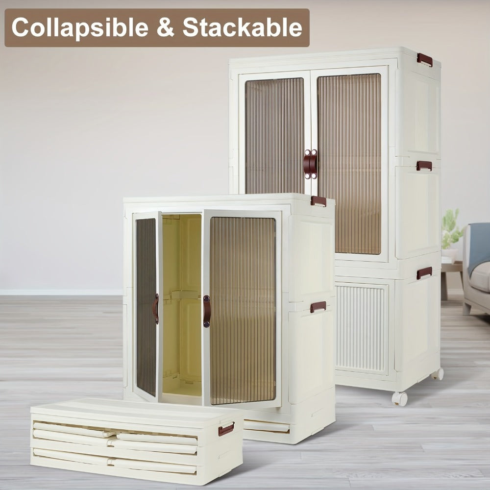 Portable Closet Wardrobe with Wheels & Hanging Rod ¨C Foldable Clothes Cabinet with Doors, 10 Hangers, Stackable Storage Bins, 70 GAL Collapsible Plastic Wardrobe Organizer