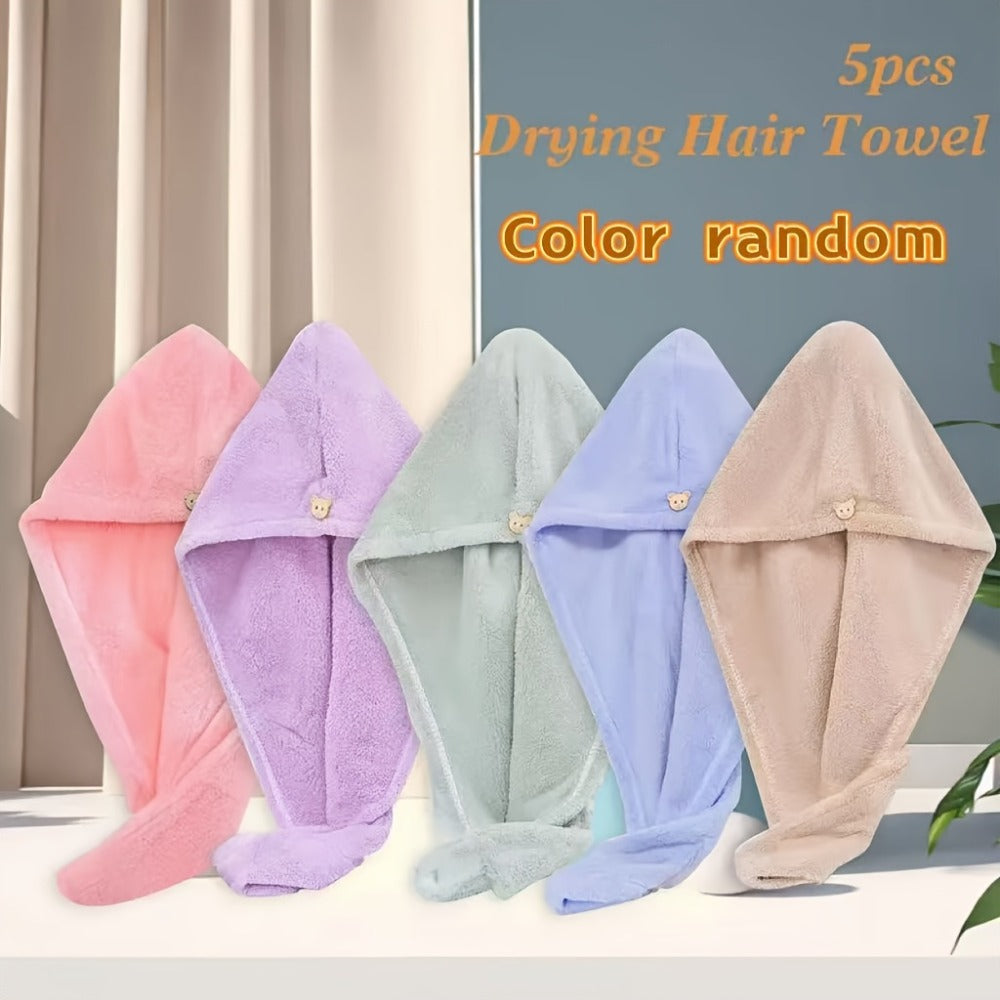 Microfiber Hair Towels 5 Pack - Quick Dry Super Absorbent Coral Fleece Hair Wrap Towel Set, Soft Lightweight Bathroom Hair Drying Towels, Random Color