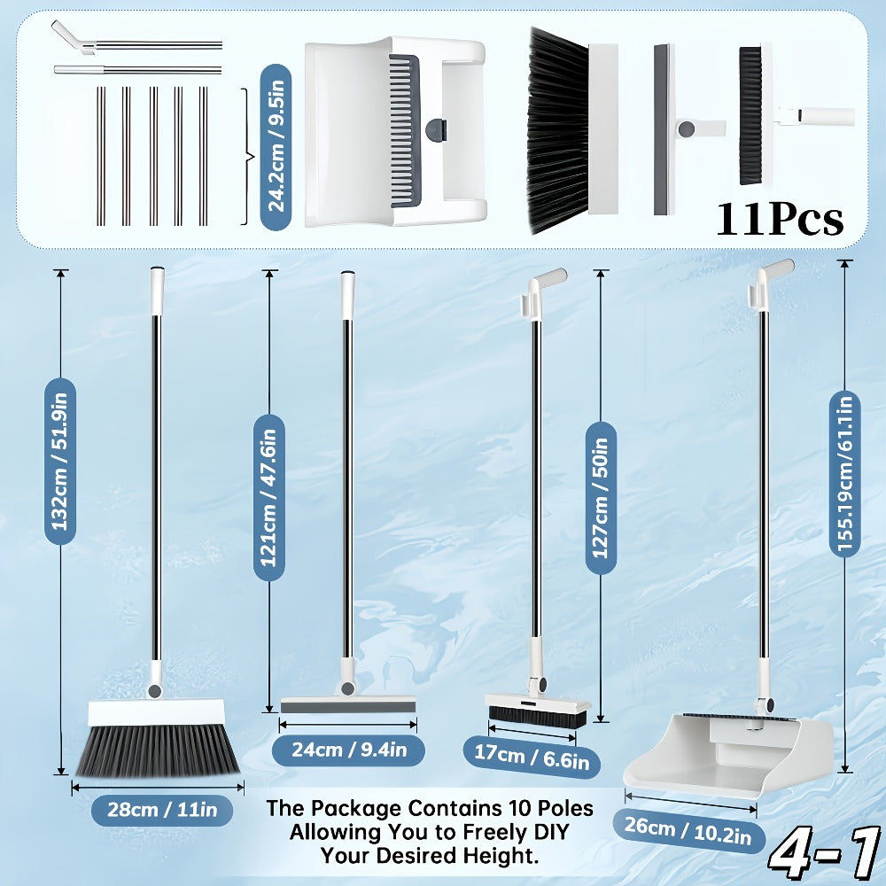 Foldable Broom and Dustpan Set with Long Handle 2-in-1 3-in-1 4-in-1 Floor Brush Combo for Home Office Dorm Room Indoor Outdoor Cleaning