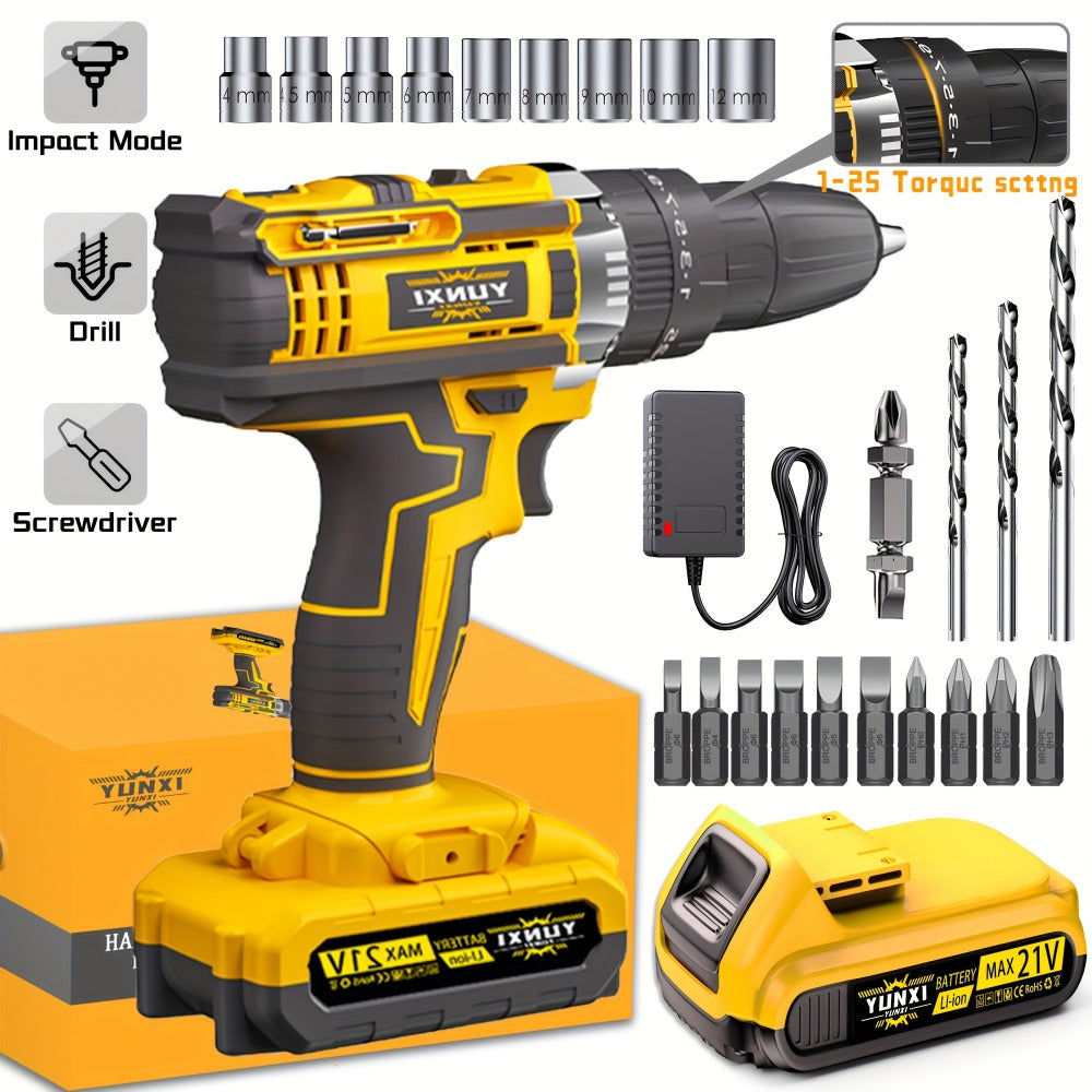 Cordless Impact Drill Set 21V - Wireless Power Drill with Battery & Quick Charger, Multifunctional Tool Kit for Home Repair, DIY Projects & Family Use, Multiple Configurations Available (Gift for Men)