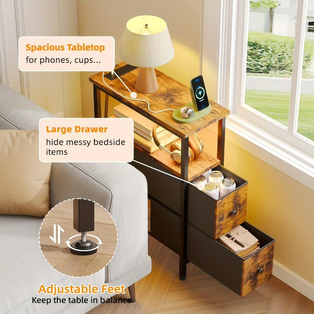 Nightstand with Charging Station Slim LED Bedside Table with Fabric Drawers, Narrow End Table for Small Spaces Bedroom Dorm Living Room Couch, Skinny Side Table Storage Unit Brown Black White