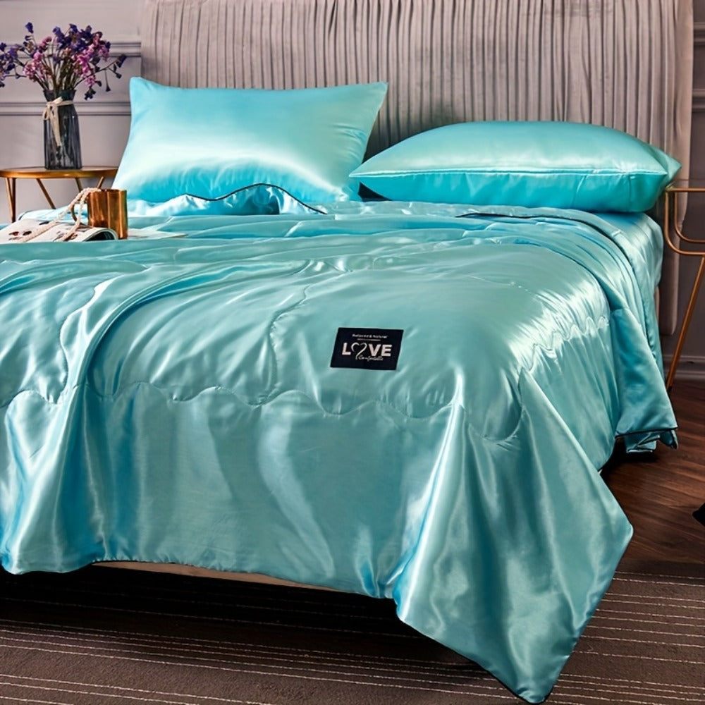 Cooling Satin Quilt Summer Comforter Ultra-Soft Breathable Lightweight Blanket, Machine Washable Satin Weave Bedspread for Home Dorm Hotel, Twin Full Size, White Silvery Grey Pink Lake Blue