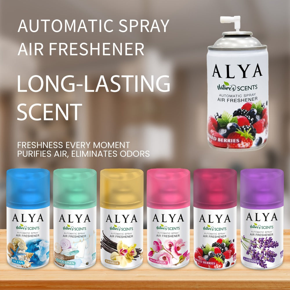 Automatic Spray Air Freshener Refill 8.45oz 1pc or 4pcs - 6 Scents Lavender Vanilla Cool Linen Ocean Mixed Berries Magnolia, Odor Fighting Room Spray for Car Office Home Bathroom Kitchen Fabric Closet