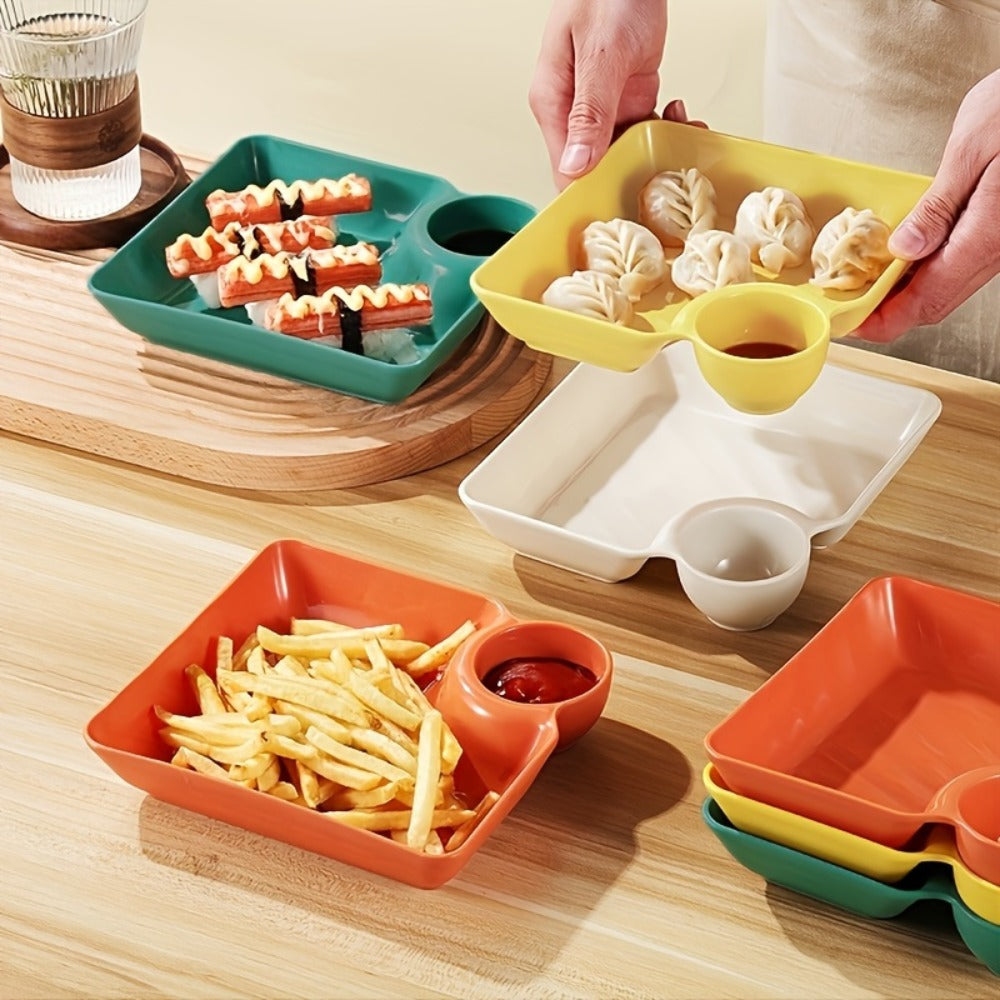 Colorful Serving Plates Set 4 Piece - BPA-Free PP Rectangular Snack, Sushi & Appetizer Plates with Dipping Sauce Compartments for Charcuterie Boards, Desserts & Holiday Party Entertaining
