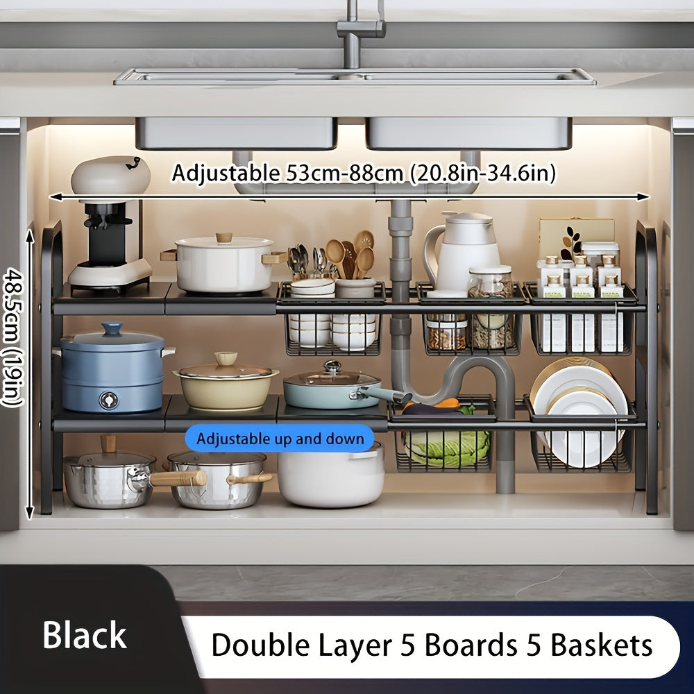 Expandable Under Sink Organizer 2-Tier Cabinet Shelf with 5 Removable Panels & 5 Baskets, Adjustable Under Sink Storage Rack for Kitchen Bathroom Cabinet Organization