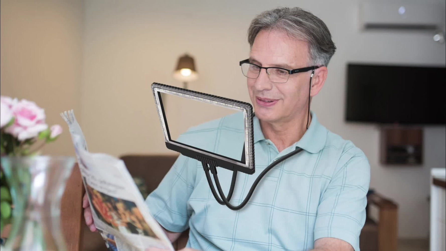 Hands Free Magnifying Glass with Light, 5X Large Page Magnifier with 43 Ultra-Bright LEDs, Flexible Gooseneck Neck Wear Magnifier for Reading Sewing Repair Low Vision Elderly
