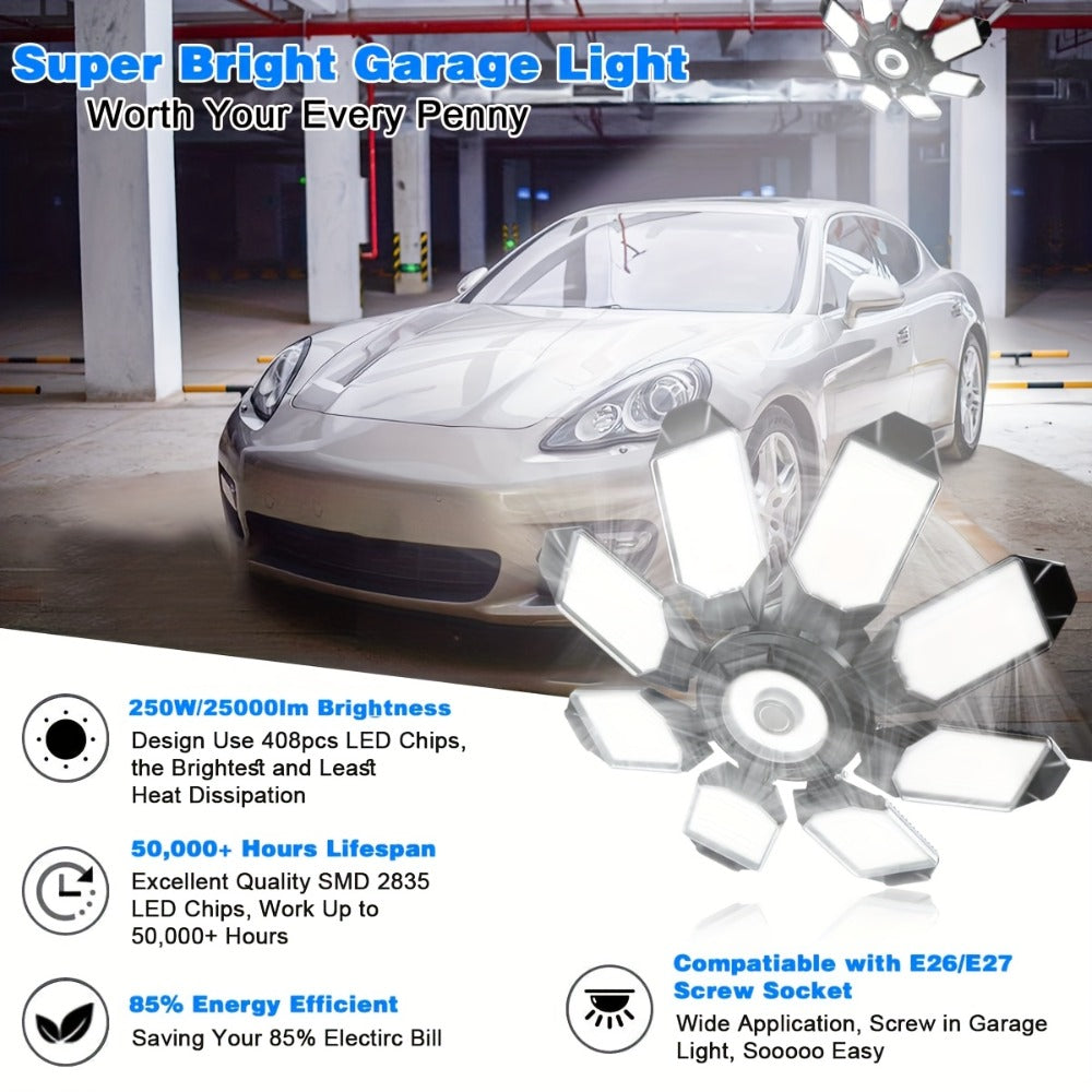 LED Garage Lights 25000LM Deformable ¨C 250W Equivalent E26/E27 Screw-In Ceiling Shop Light with 6+1 / 8+1 Adjustable Panels for Garage, Basement, Attic & Warehouse (1, 2 or 4-Pack)
