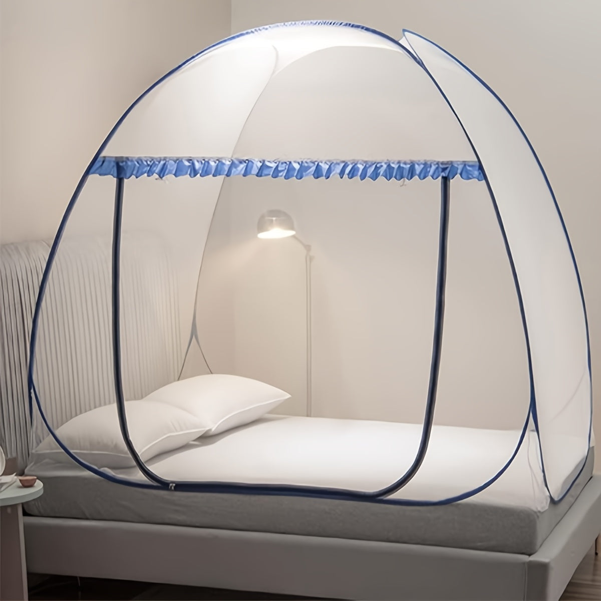 Mosquito Net for Bed Pop Up Bed Canopy 360¡ã Protection Portable Foldable Yurt Mosquito Net with U-Shaped Zipper Ruffled Design Anti-Mosquito Indoor Bedroom Canopy Gray Blue Multiple Sizes