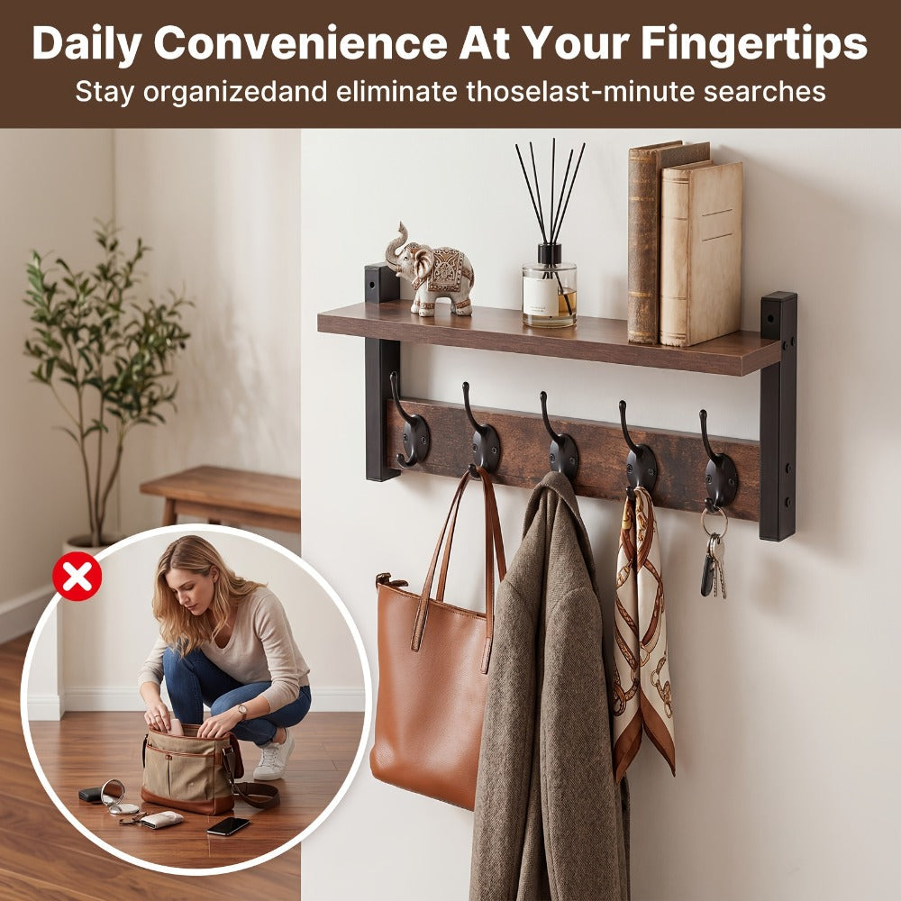 Wall Mounted Coat Hook Shelf with 5 Hooks - Wooden Floating Shelf & Key Rack Organizer for Entryway, Bedroom, Bathroom, Kitchen & Living Room - Rustic Vintage Style
