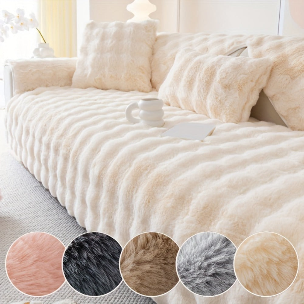Faux Rabbit Plush Sofa Cover Winter Warm Thickened Anti-Slip Pet Friendly Cushion Protector for Living Room Bedroom Office 1 2 3 4 Seater