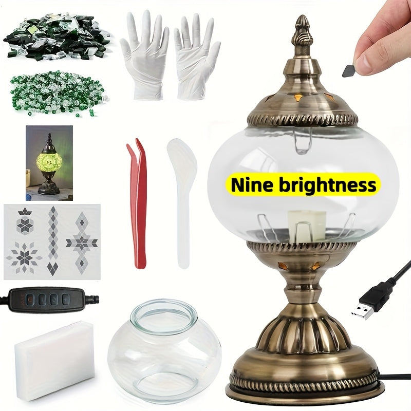 DIY Turkish Moroccan Mosaic Lamp Kit Handmade Glass Metal Brass Dimmable Bohemian Table Light for Bedroom Living Room Office Vintage Boho Decor Gift Multiple Colors 3-Color Adjustable Option