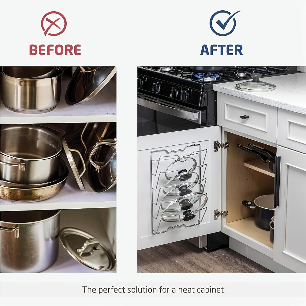 Pot Lid Organizer Wall Mounted Metal Rack | Multi-Level Hanging Pot and Lid Holder for Kitchen Storage | Space Saving Cabinet Door or Wall Mount Cookware Organizer for Home & Restaurant