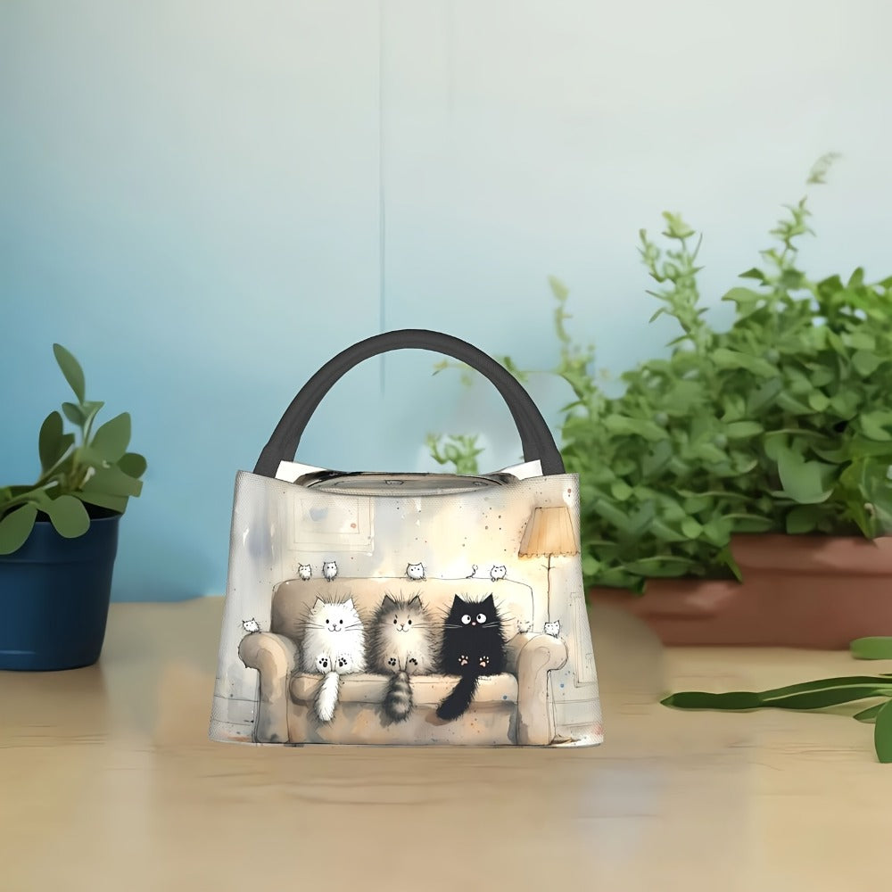 Insulated Lunch Bag with Cat Design - Reusable Polyester Lunch Tote for Women, Portable Cooler Bag for Work, Picnic, Hiking & Beach, Easy to Clean, Animal Print