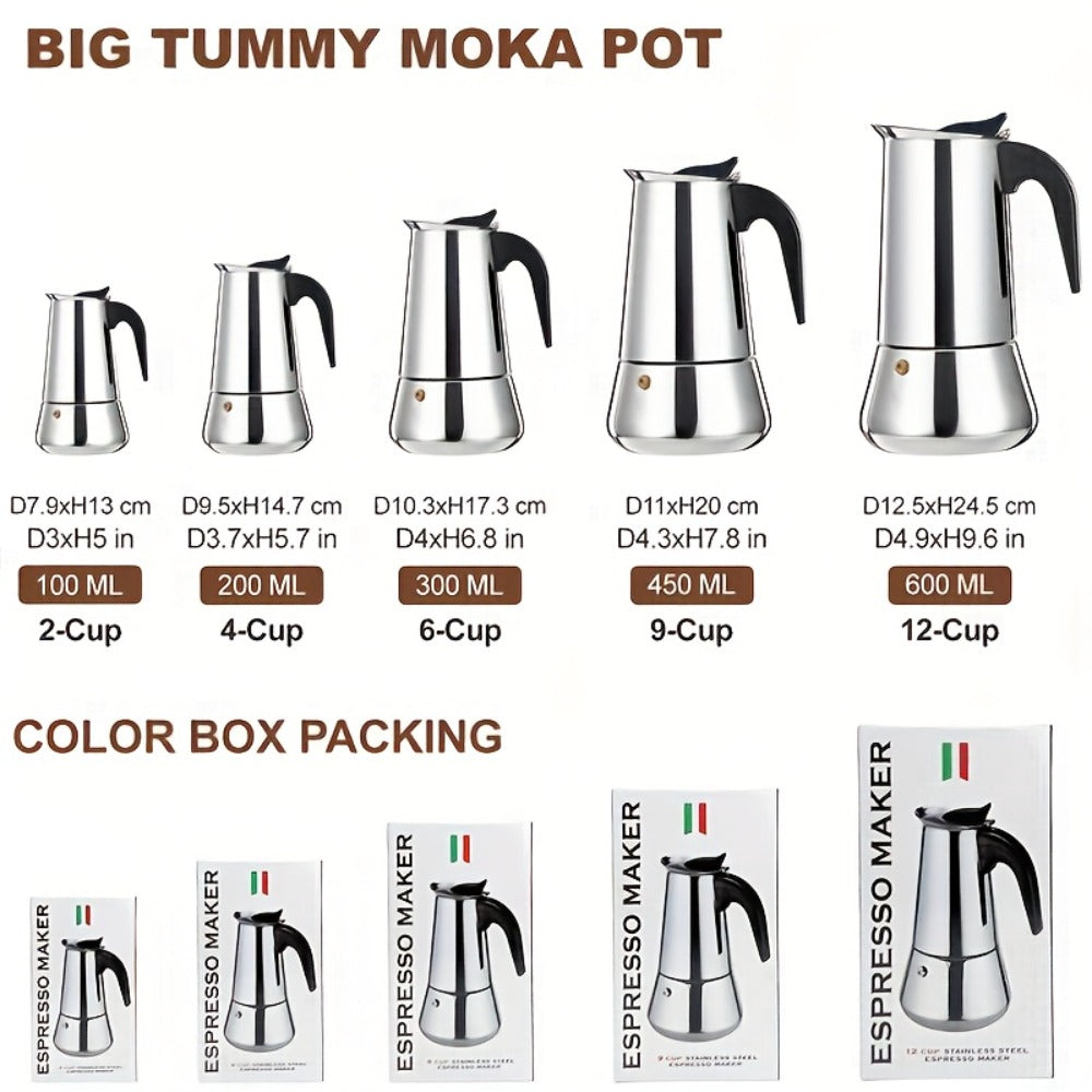 Moka Pot Stovetop Espresso Maker Stainless Steel Induction Compatible 2 4 6 9 12 Cup Italian Coffee Maker with Reusable Filter for Cuban Greek Coffee