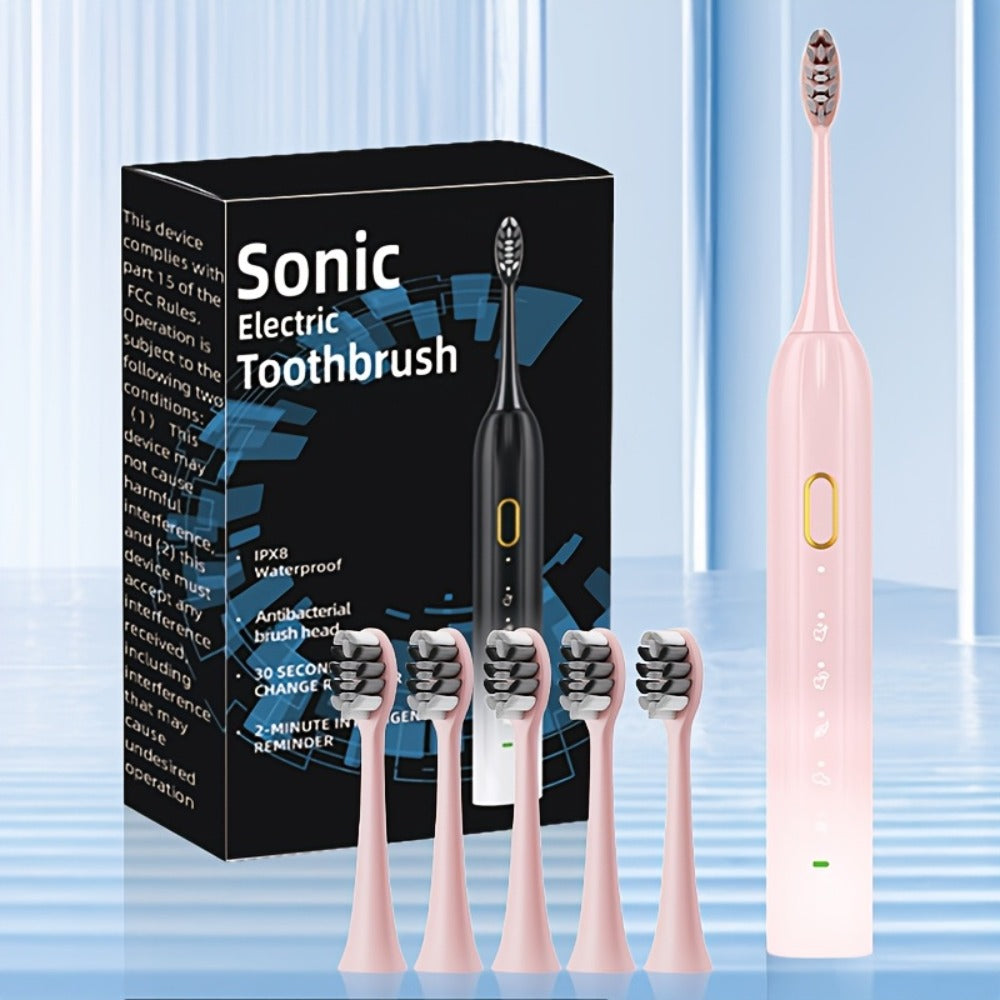 Sonic Electric Toothbrush IPX8 Waterproof USB Rechargeable with 5 Replacement Brush Heads, Smart Timer, Metal Shaft, Couple Design for Adults Men & Women ¡ª Black, Green Pink, Pink White