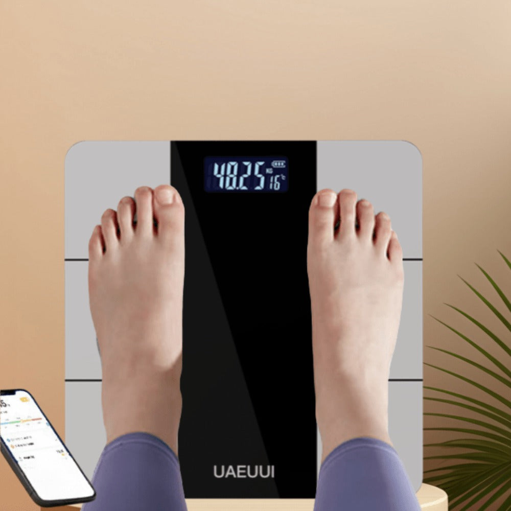 Smart Body Fat Scale with Wireless App Sync ¨C Digital Bathroom Scale, Body Composition Tracker, Battery-Powered, Compact Design for Home & Bathroom, Easy Placement, Gray