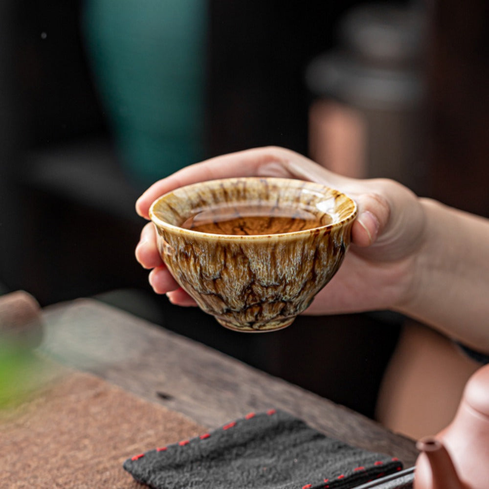 Jianzhan Ceramic Tea Cups Set of 5 ¨C Handmade Kiln-Changed Glazed Kung Fu Teacups, Traditional Chinese Porcelain, Unique Gift for Home Office Business