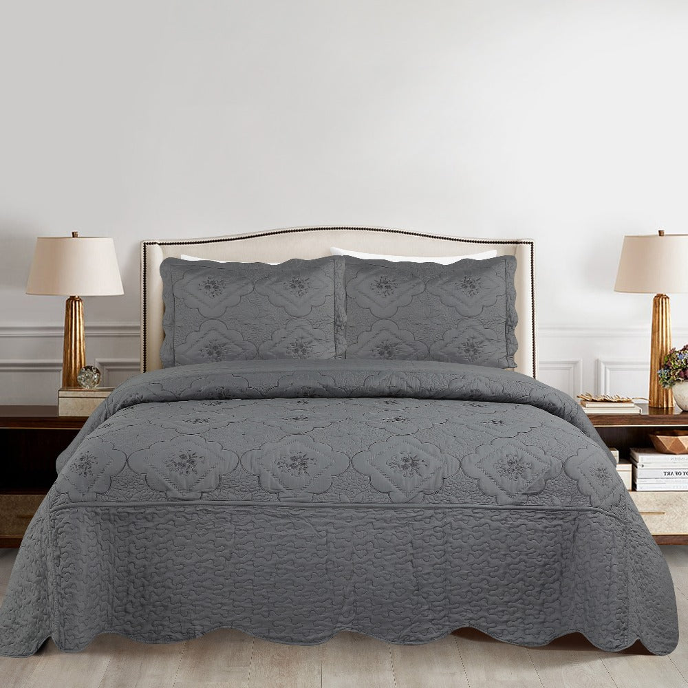 Quilt Set 3 Piece Floral Embroidery Bedspread - 100% Polyester Wrinkle Resistant Lightweight Quilted Coverlet with 2 Pillow Shams for Full Queen King Bed, Elegant Bedroom Decor in 19 Colors
