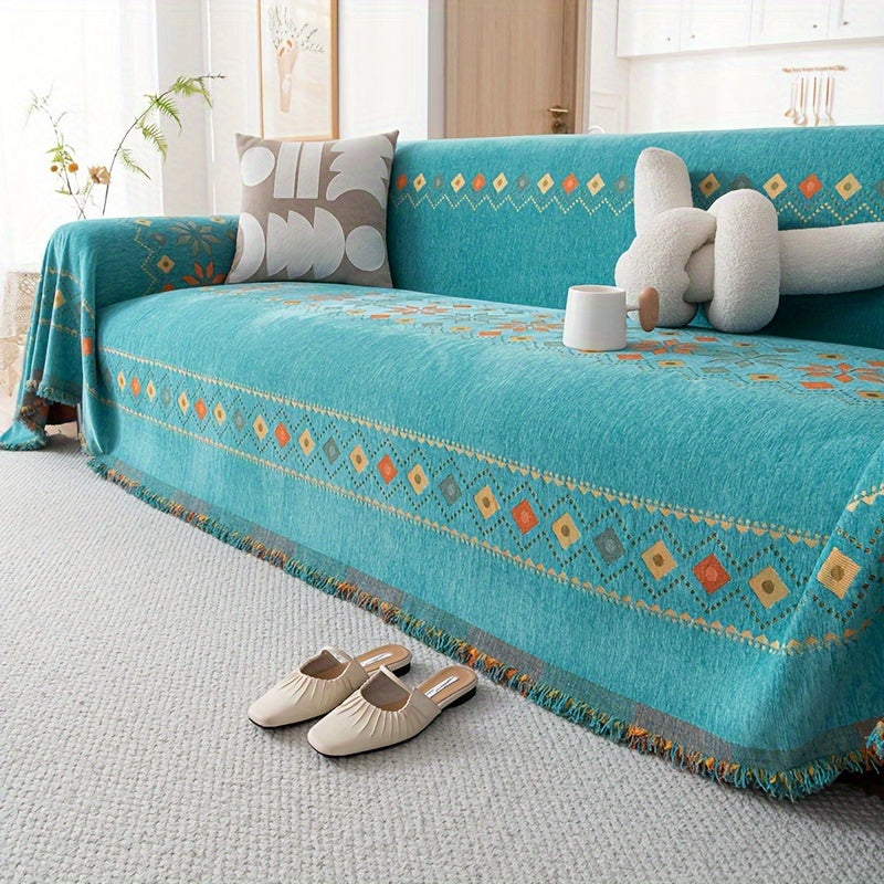 Bohemian Embroidery Chenille Sofa Cover 300GSM - Machine Washable Knit Weave Slipcover for 2 3 4 Seater Sectional Sofa No Padding, 5 Colors