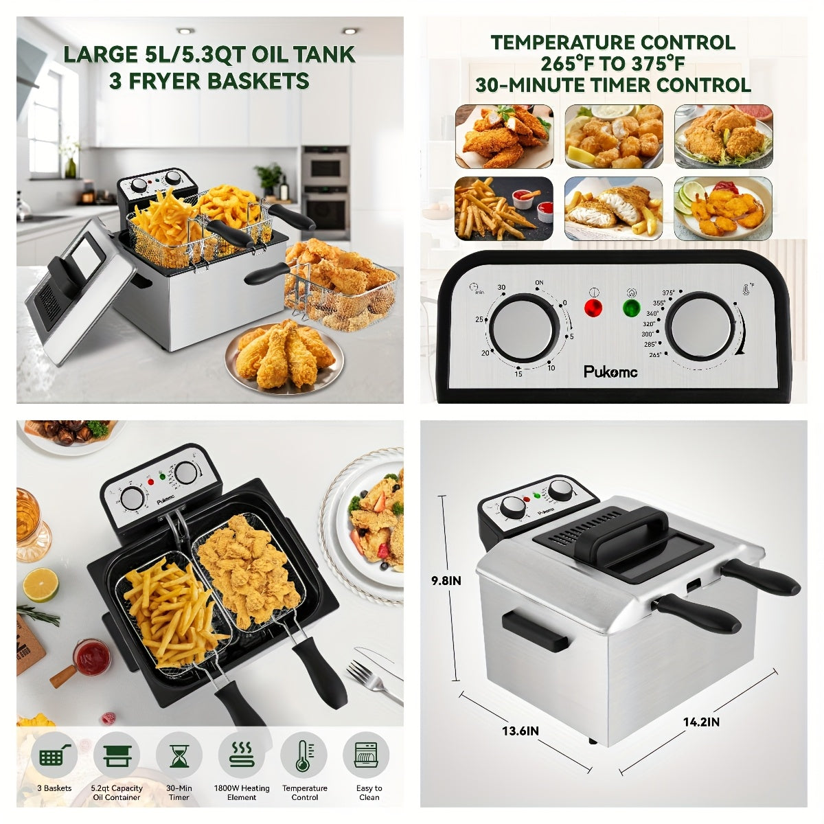 Electric Deep Fryer Stainless Steel Basket 1.5L to 6L ¨C Adjustable Temperature Foldable Handle Transparent Window Anti-Splash Lid | Dishwasher Safe Easy Clean | Home Family Dinner Party Kitchen