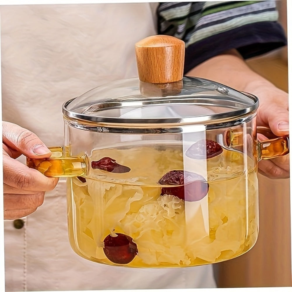 Borosilicate Glass Pot with Lid 50oz Stovetop & Microwave Safe ¨C Double Heat-Resistant Handles for Soup, Milk & Porridge | Transparent Glass Saucepan Kitchen Cooker with Yellow or Green Handle