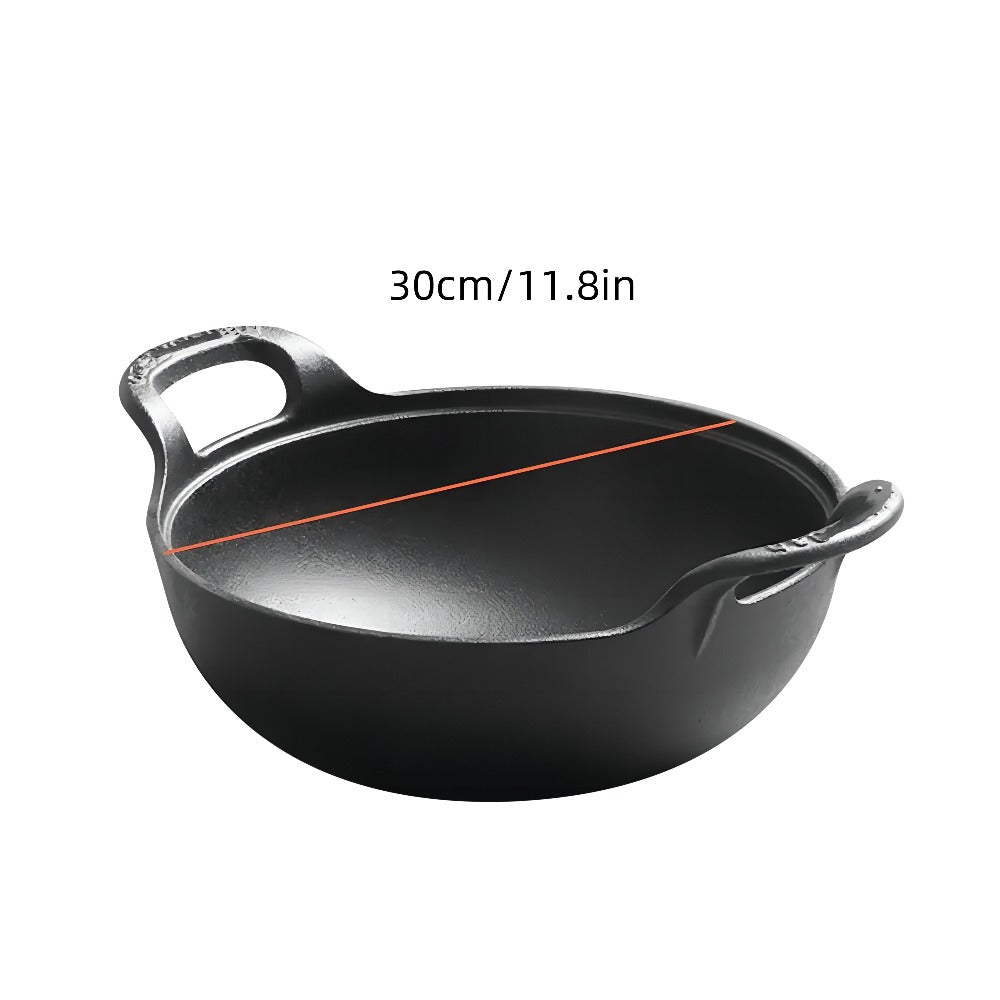 Cast Iron Wok Skillet Non-Stick Deep Stir Fry Pan with Dual Handles - Heavy Duty Uncoated Traditional Cooking Pot Multi-Size 9.84 10.62 11.81 12.59 Inch for Home Outdoor Grilling Baking