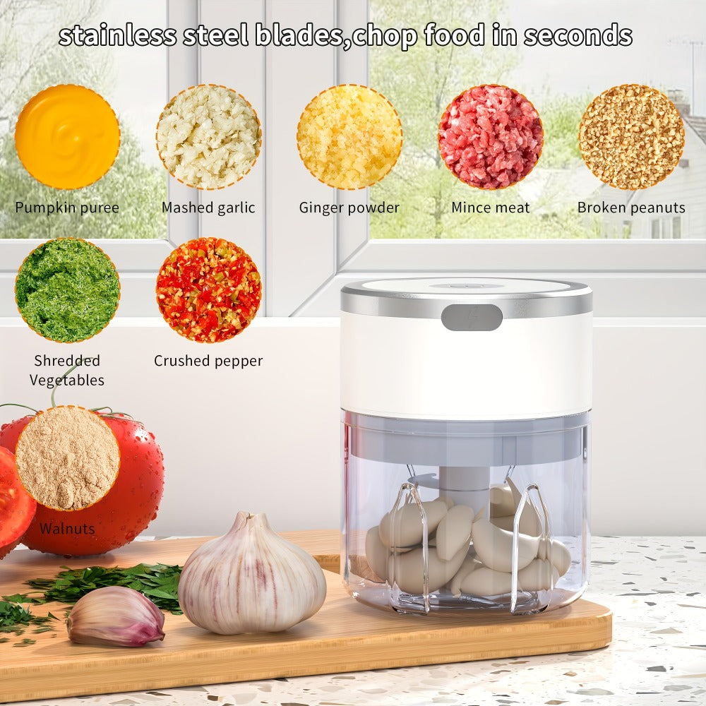 Mini Electric Garlic Chopper USB Rechargeable - Electric Food Chopper & Masher, Portable Garlic Crusher for Meat, Onion, Ginger & Herbs, 250ML / 8.45oz Kitchen Gadget in White, Green & Pink