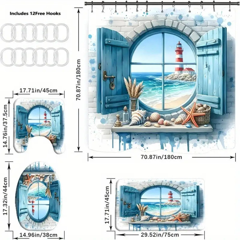 Lighthouse Shower Curtain Set with Ocean View Pattern ¨C Nautical Bathroom Decor with Non-Slip Mat, Toilet Seat Cover & 12 Hooks for Apartment Hotel