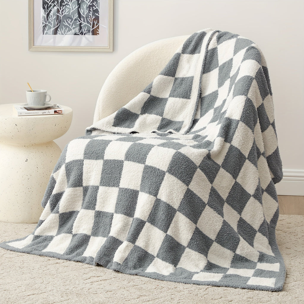 Jacquard Knit Checkered Blanket ¨C Soft Cozy Fluffy Plaid Throw for Couch, Bed & Sofa, All Seasons, 4 Colors, Throw to King Size