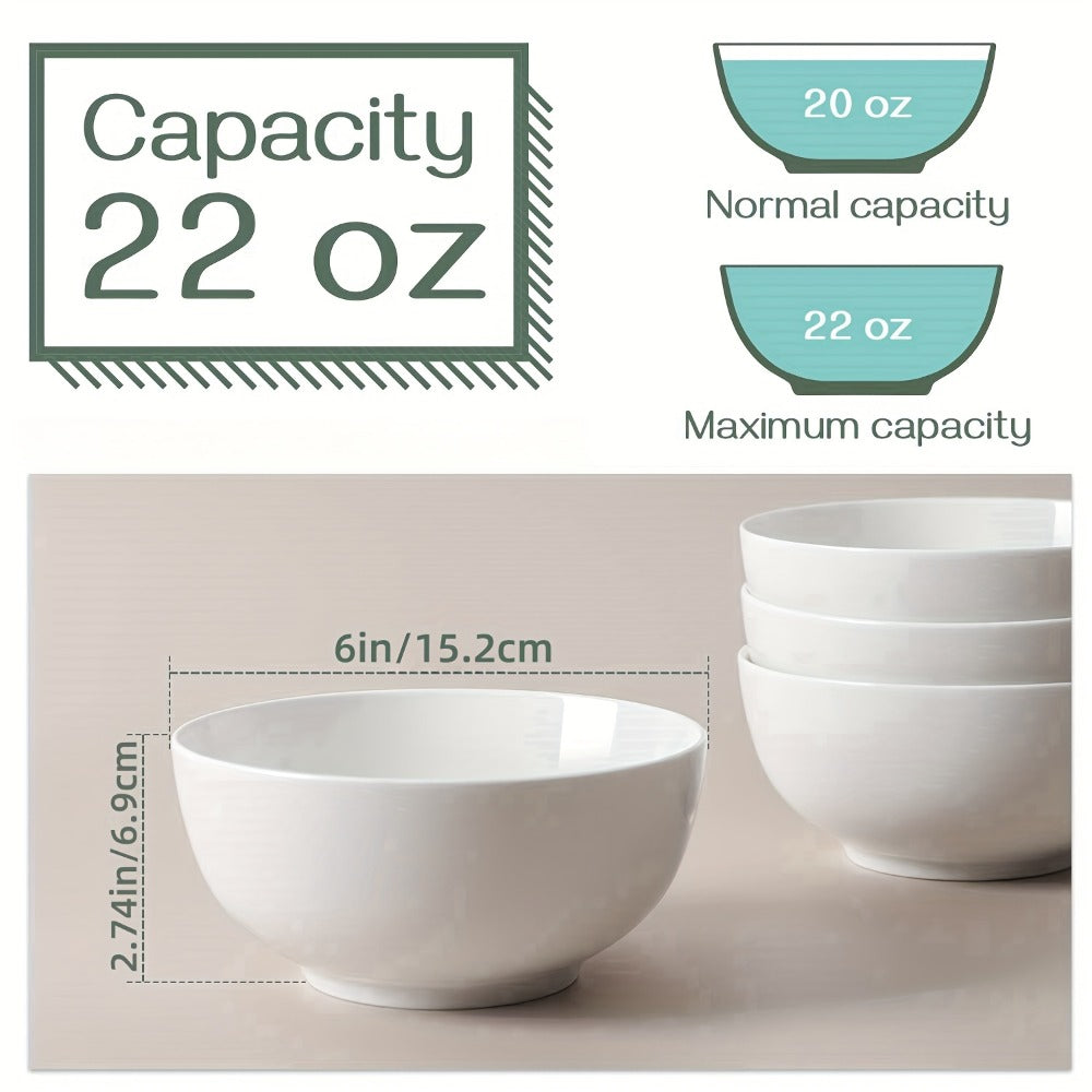 Ceramic Bowls Set 22oz White Porcelain - Dishwasher & Microwave Safe Soup Bowls for Kitchen, Cereal, Ramen, Oatmeal, Salad & Rice - Polished Finish Round Bowls Available in 4 or 6 Piece Sets