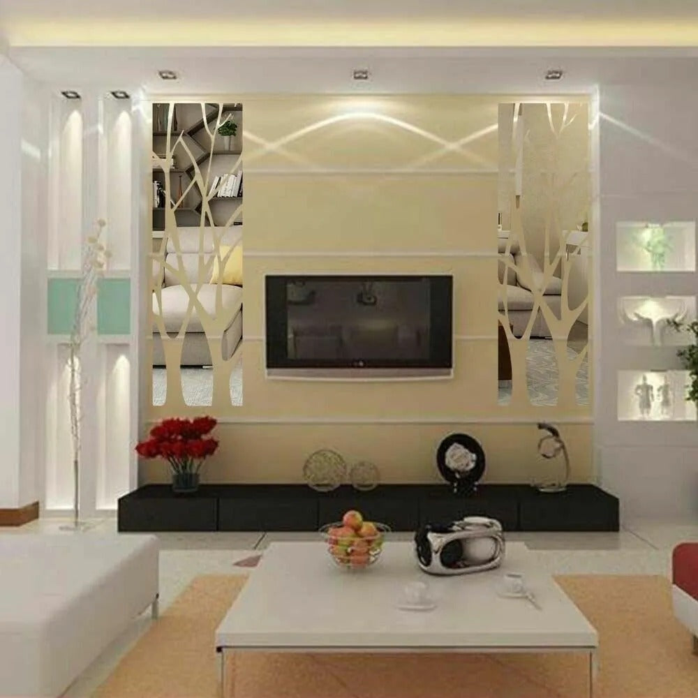 3D Mirror Tree Acrylic Wall Sticker ¨C Removable Reflective Wall Decal for Living Room, Bedroom, TV Wall & Sofa Area | Glossy Silver Mirror Finish Wall Art Decor | 1000x280mm