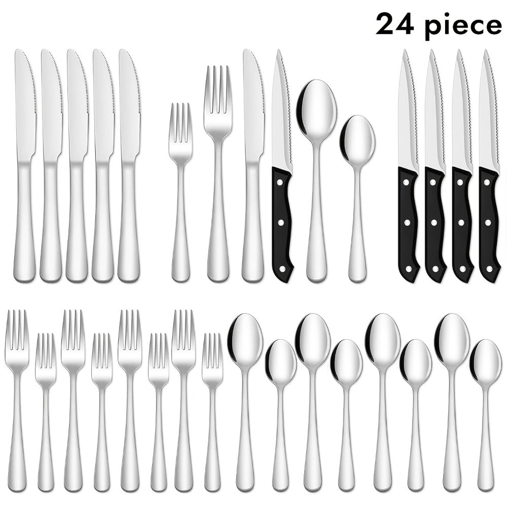 Stainless Steel Flatware Set with Steak Knives ¨C 24/48 Piece Silverware Set Service for 4 or 8, Mirror Polished Cutlery, Dishwasher Safe, Silver & Black